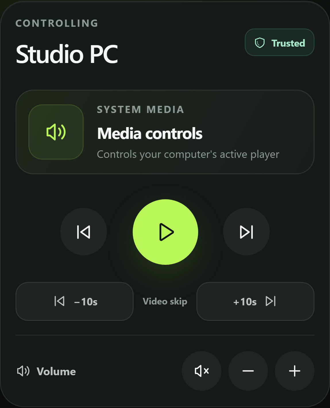 PocketPilot media controls with playback, ten-second seeking, and volume buttons