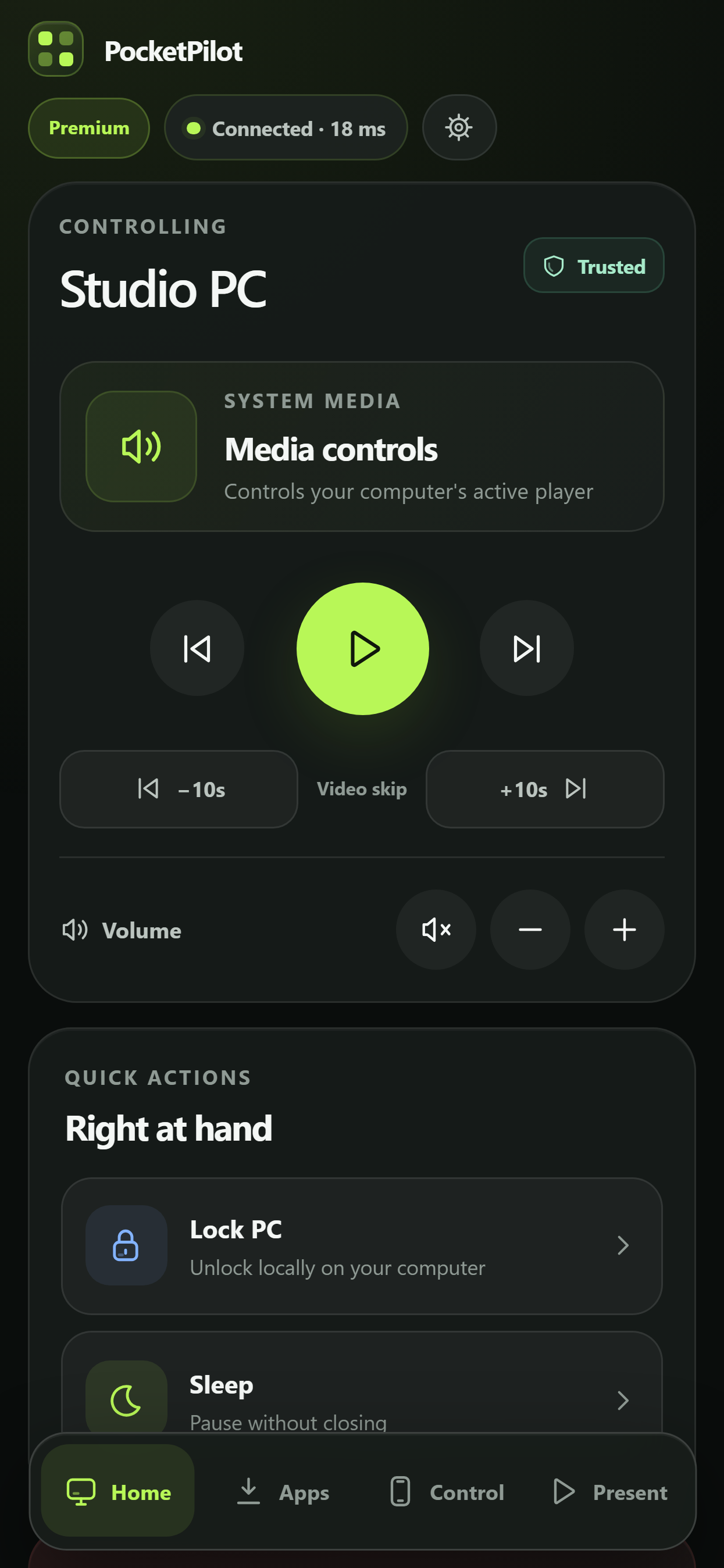 PocketPilot Home in the Pocket lime color theme